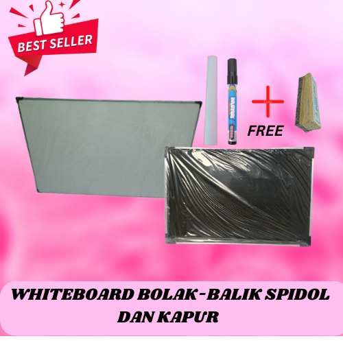 

PAPAN TULIS/ WHITE BOARD DUA SISI SPIDOL DAN KAPUR 60 X 90 cm FREE SPIDOL, PENGHAPUS DAN KAPUR