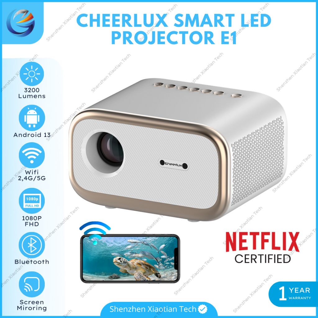 Smart Proyektor Mini Cheerlux E1 Android 13.0 Netflix Certified 3200 Lumens | Proyektor Mini Android
