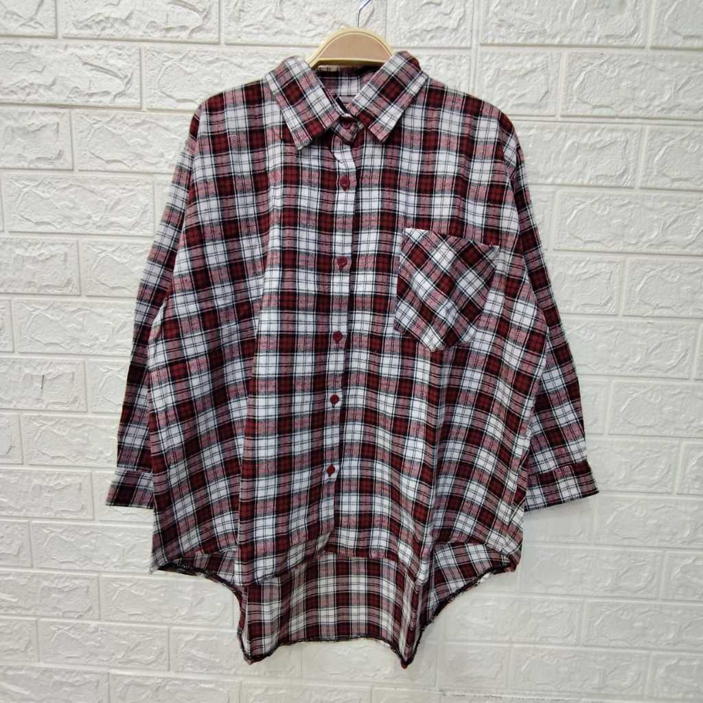 Blus Atasan Wanita motif kotak Bahan Flanel