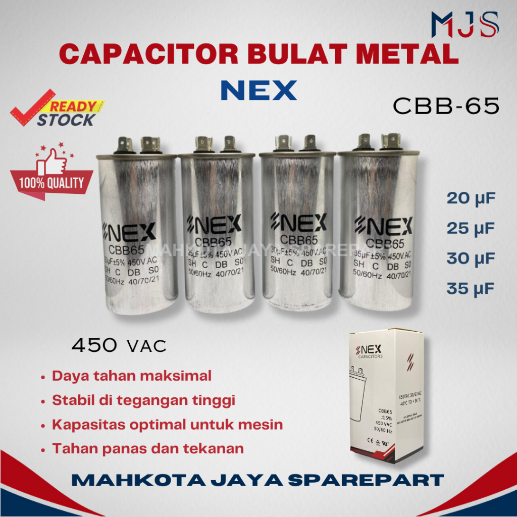 CAPACITOR BULAT METAL NEX CBB65 CBB 65 kapasitor ac, pompa air, mesin cuci ukuran 20uf / 25uf / 30uf