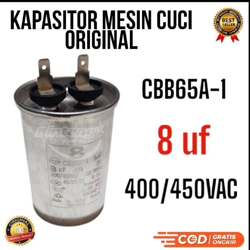 Kapasitor Mesin Cuci Original CBB65A-1 8 Uf 400/450VAC