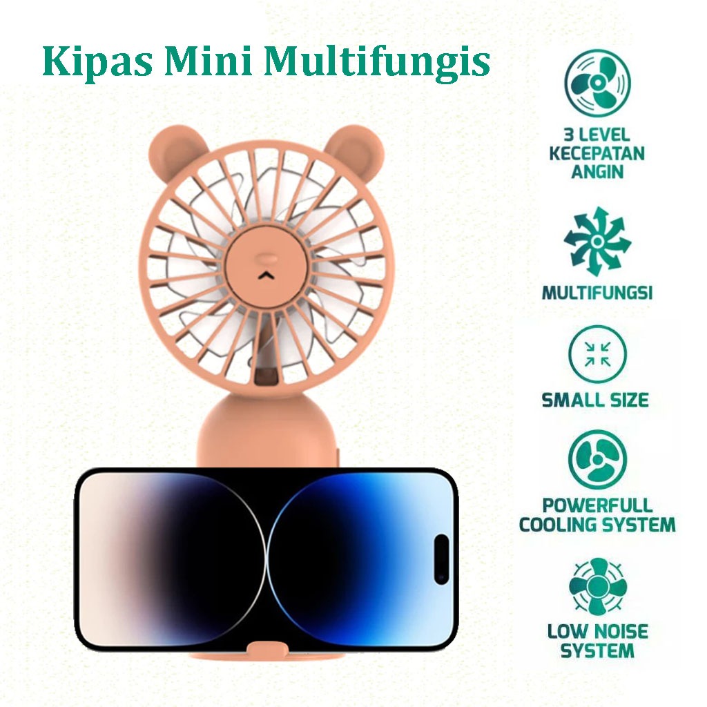 Kipas Mini Holding Stand Holder Phone Bear Fan 3 Speed Rechargeable Portabel Kipas Genggam