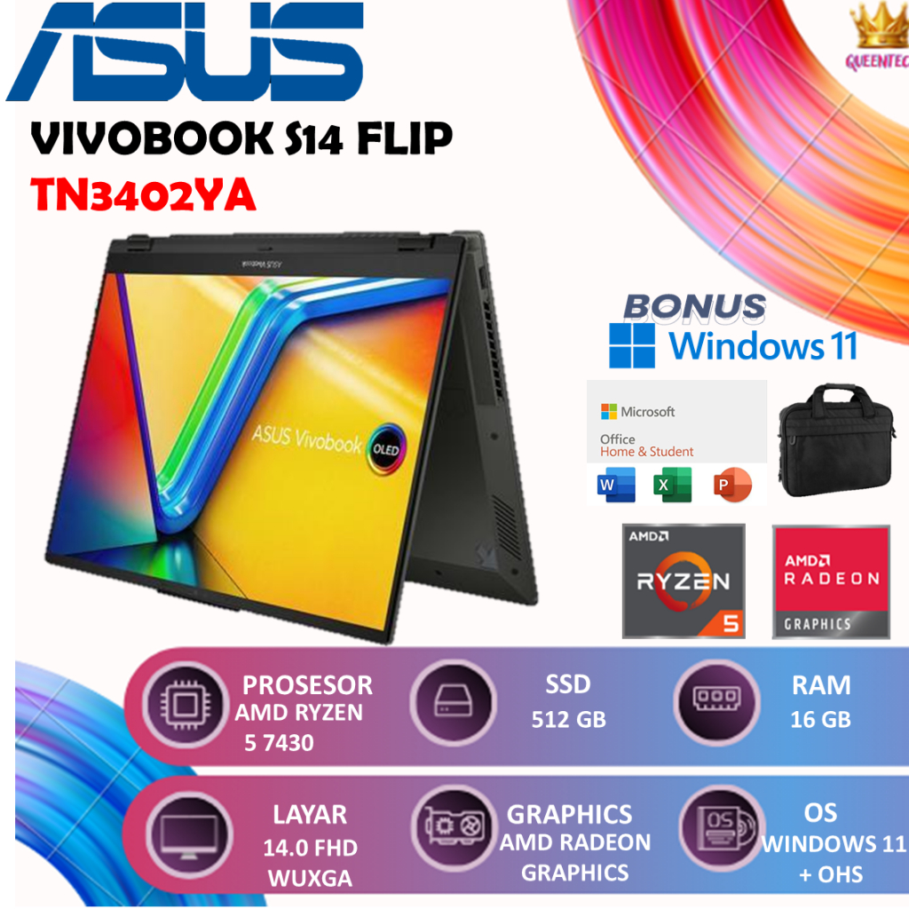 Laptop ASUS VIVOBOOK S14 FLIP TN3402YA TOUCH RYZEN 5 7430 16GB 512GB W11+OHS 14.0WUXGA VIPS 2IN1 SIL