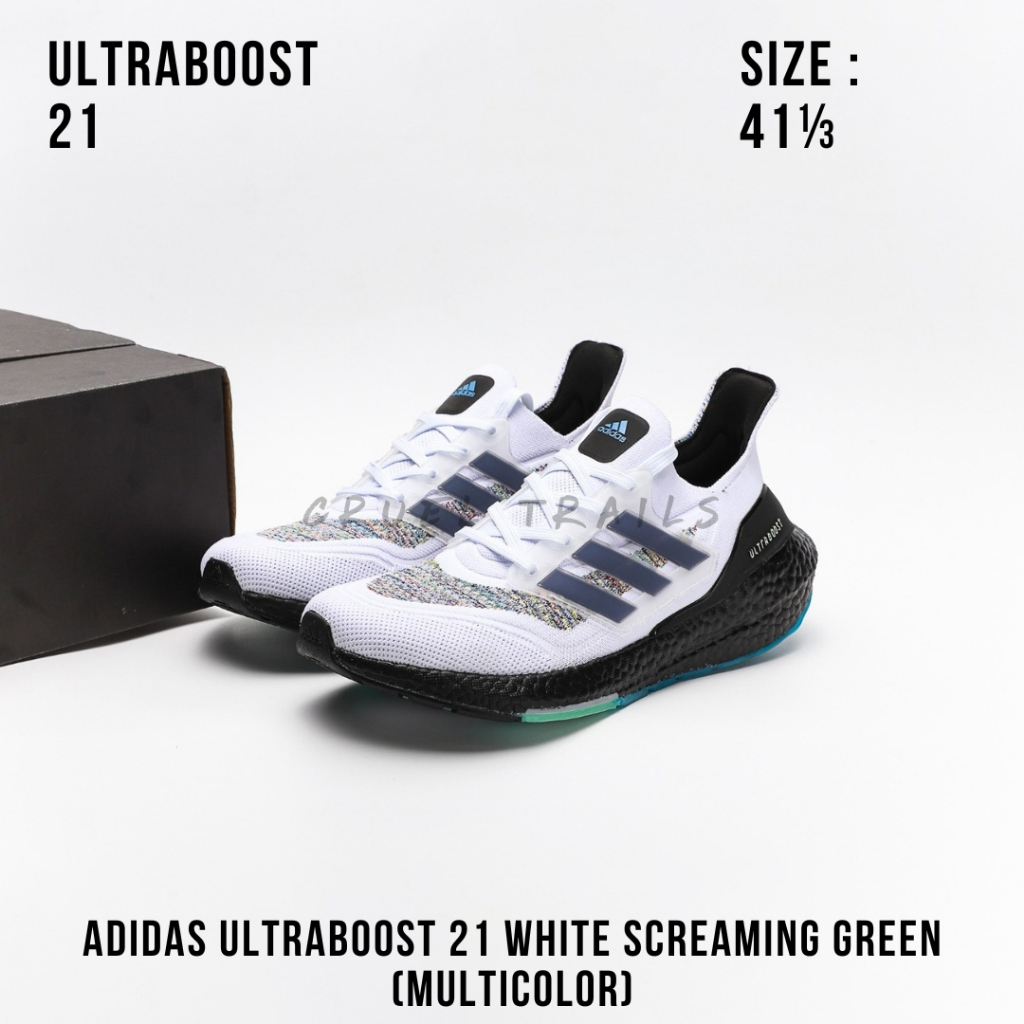 READY STOCK SIZE 41 1/3 - Adidas UltraBoost 21 White Screaming Green (Multicolor) (Ultra Boost) BNIB