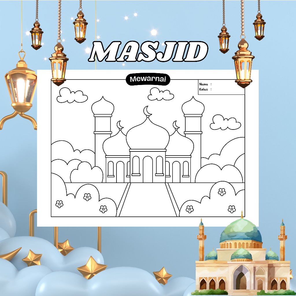 KERTAS MEWARNAI GAMBAR MASJID | KERTAS GAMBAR | KERTAS MEWARNA ANAK PAUD TK  SD | TEBAL  150GSM