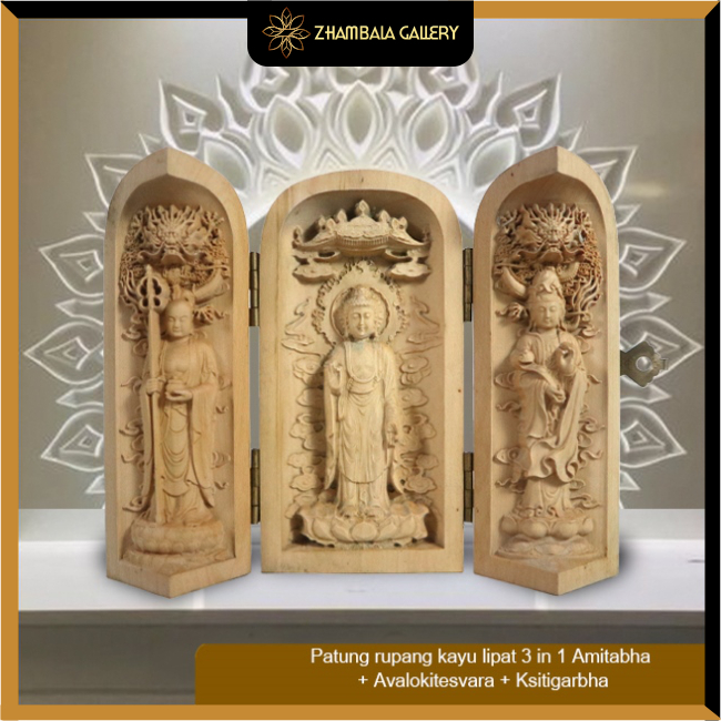 Patung Rupang Kayu Lipat 3 in 1 Amitabha & Avalokitesvara & Ksitigarbha