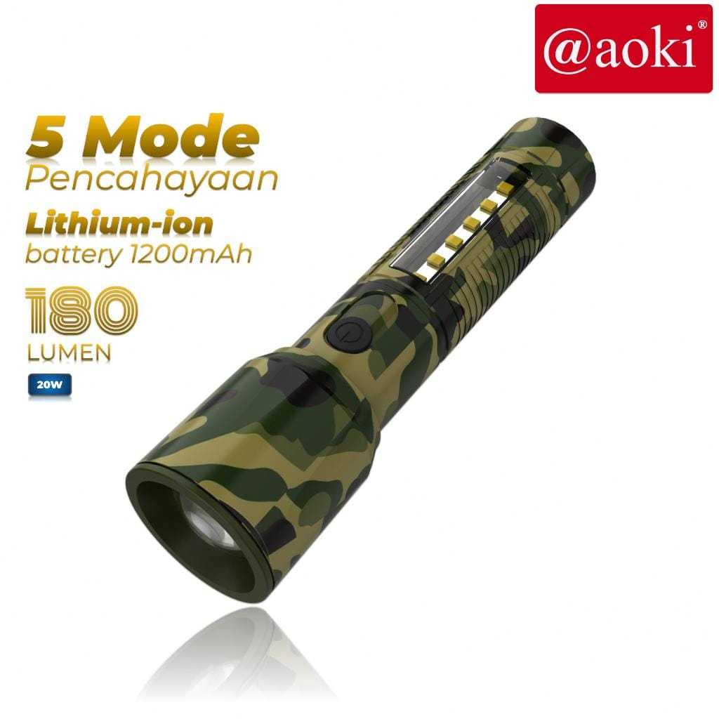 SENTER LED ZOOM ARMY PLUS COB AOKI AK-1610 20W - ZOOM LASER - 5 MODE CAHAYA - MOTIF ARMY - TYPE-C