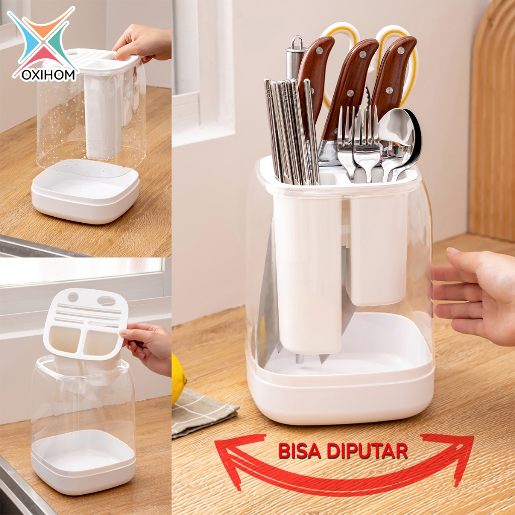 Oxihom Tempat Sendok Estetik Tempat Sendok Garpu dengan Tutup Tempat Pisau Dapur Tenpat Sendok Putar