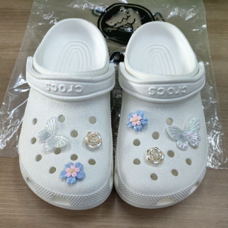 SANDAL CROCS CLASSIC CLOG GLITTER WHITE PUTIH NO CUTTING MADE IN INDONESIA 39 40 M6W8 M6 W8 ASLI ORI