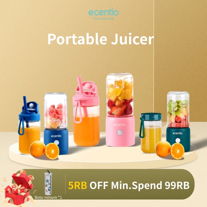 ecentio blender 10 pisau juicer Kaca Tebal 2 Cup mini portable dengan sedotan 380ml+380ml