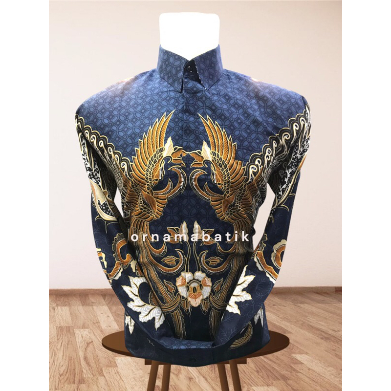 Kemeja Batik Pria Lengan Panjang Terbaru Cendrawasih Biru Navy Gold