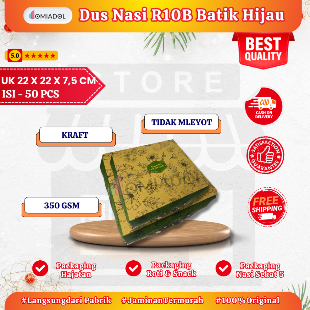 

(50 Pcs) Box Dus Nasi Kotak R10B Motif Batik Hijau Premium - Ukuran 22x22x7,5 cm