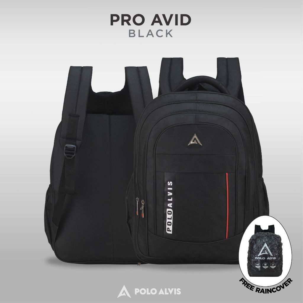 POLO ALVIS - Pro Avid Tas Ransel Sekolah Cowok SMP SMA Kuliah Hitam Laptop 15in Bonus Jas Hujan Tas