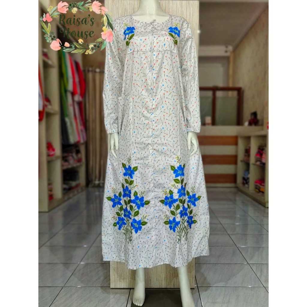 DASTER LONGDRESS BORDIR KHAS MALANG - LENGAN PANJANG | BUNGA TULIP - PUTIH COTTON