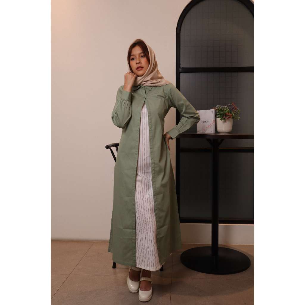 Missty Freeteen Gamis Dress Wanita One Set Warna Hijau Inner Warna Putih Motif Garis Lengan Panjang 