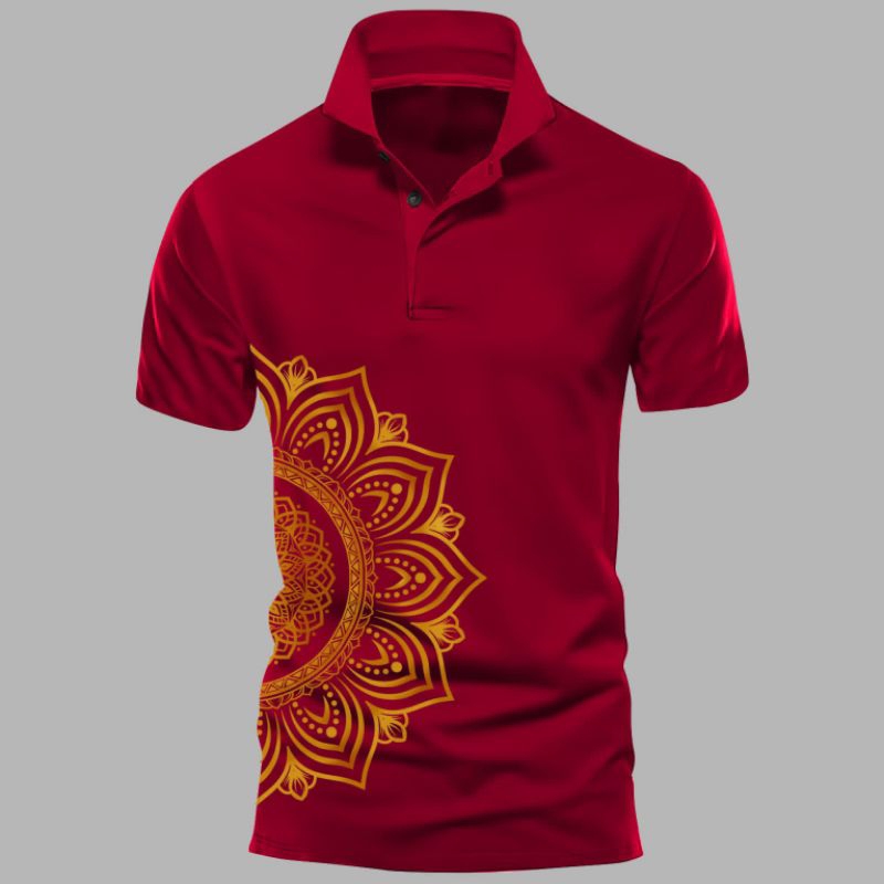 KAOS ATASAN T-SHIRT COWOK MOTIF KERAH KANCING LENGAN PENDEK UKURAN JUMBO GAMBAR BATIK KUNING1