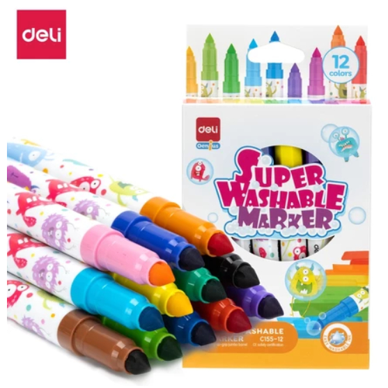 

Deli Washable Marker / Spidol Warna Anak 12 Warna Mudah dicuci Tersertifikasi Aman