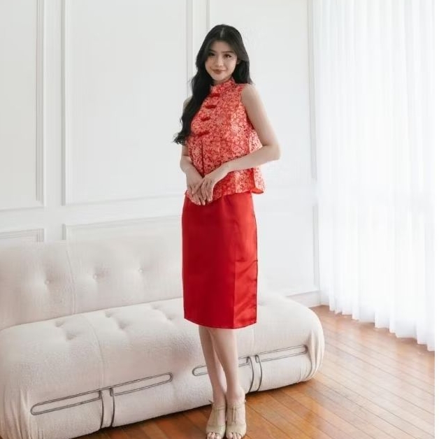 Floo Boutique - JiaJia qipao set dress | Setelan dress cheongsam qipao merah outer dress satin bordi