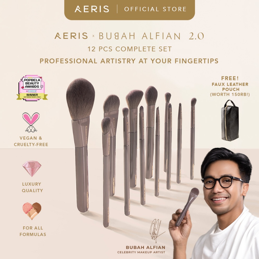 Aeris Beauté x Bubah Alfian 2.0 Brush Set - 12 pcs Complete Set, 6 pcs Face Set, & 6 pcs Eye Set