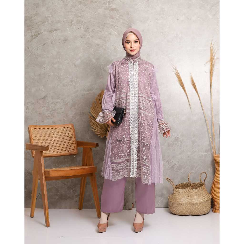 Leony One Set 3in1 Tali Samping Baju Lebaran Kondangan Brokat Outer Inner Celana Pakaian Wanita Musl