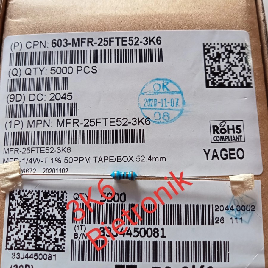 Resistor 3K6 3.6K 1% 1/4W Metal Film YAGEO