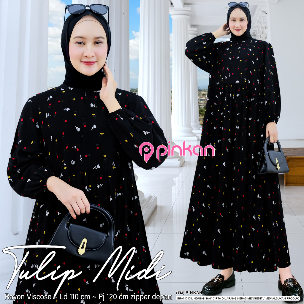 Tulip Midi Dress Rayon Viscose Adem Nyaman Zipper Busui - By Pinkan
