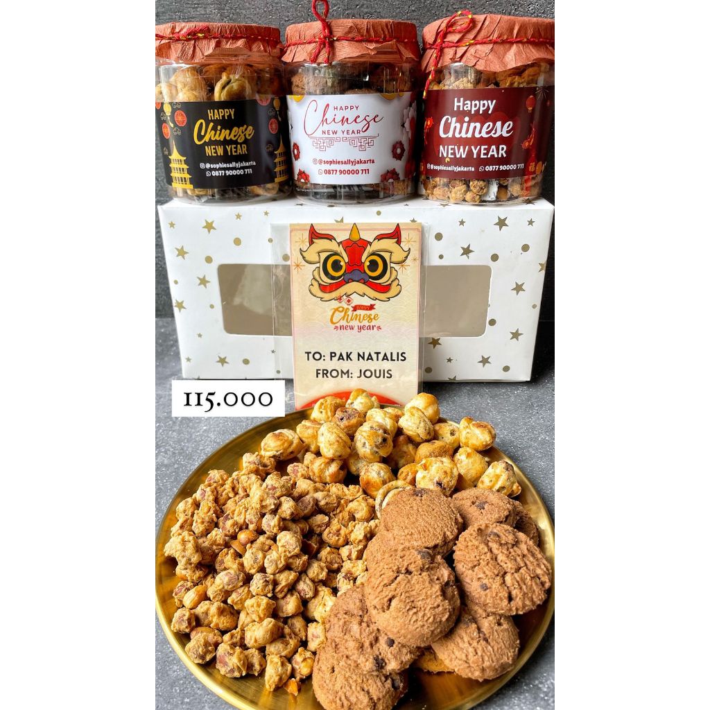 

Paket 3 Toples Cookies / Soes Coklat / Kacang Telor Medan - Paket Hampers Imlek / CNY Edition - READY