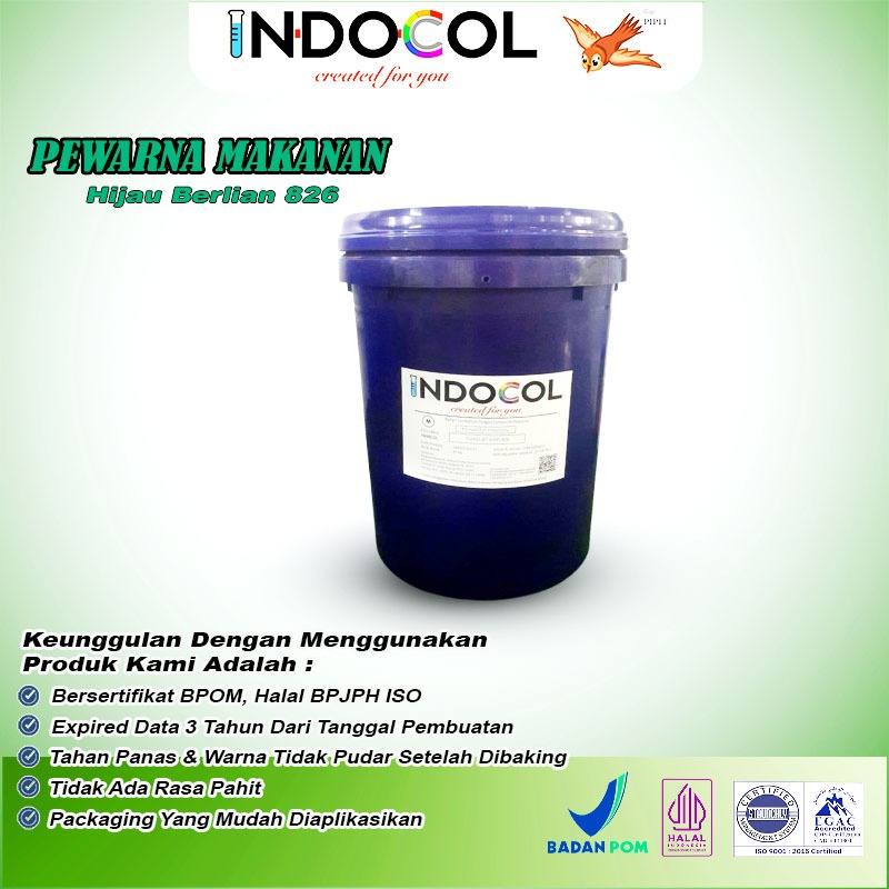 

Pewarna Makanan INDOCOL Hijau Berlian 826 (Brilliant Green) @25 kg/Pail