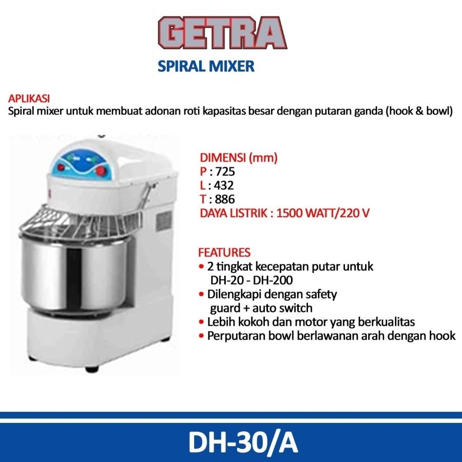GETRA Spiral Mixer 30 liter DH-30/A Spiral Mixer Getra DH-30/A