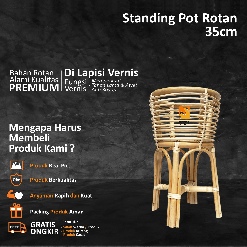 Standing pot bunga rotan 35cm, Vas bunga minimalis tempat pot rotan alami