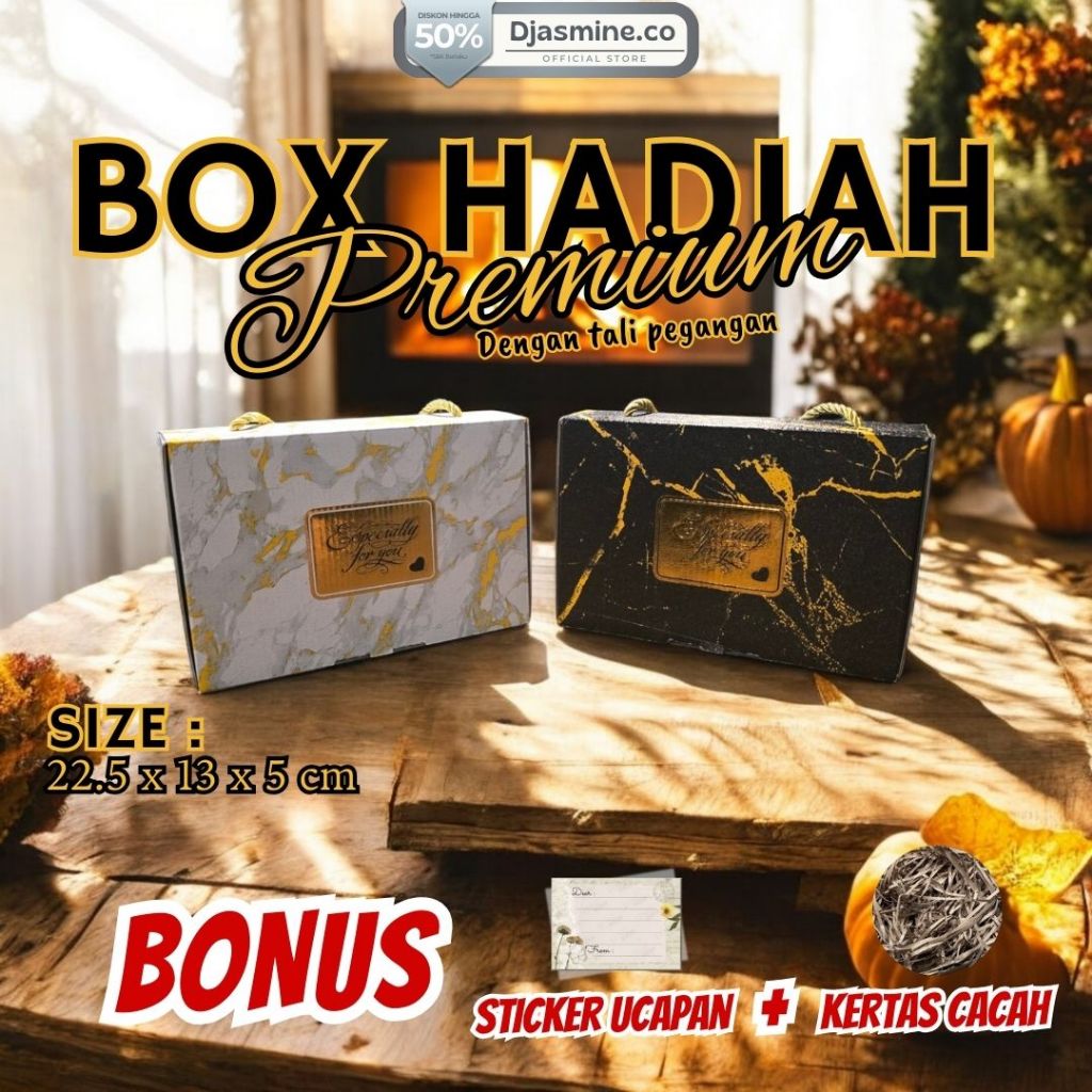 

Kotak kado box hadiah premium putih dan marmer dengan tali pegangan grosir