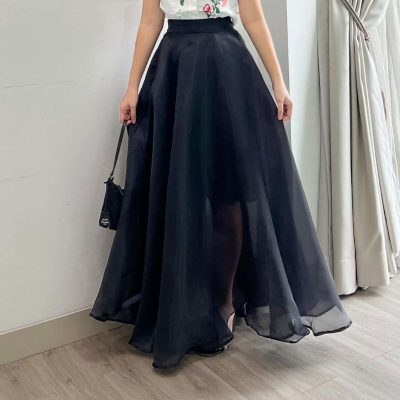 ABLECOUTURE Rok Panjang Organza Tile Maxi Skirt Korean Pesta Hitam Putih Drena 9-511