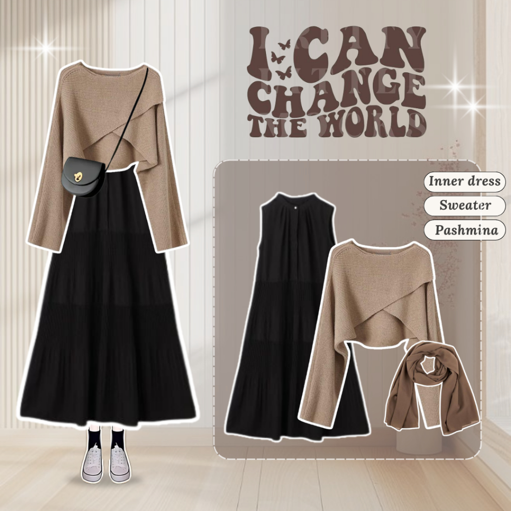 One Set Wanita Korean Style Hijab (Inner Dress + Sweater Crop + Pashmina) Set Dress Terbaru - LH100