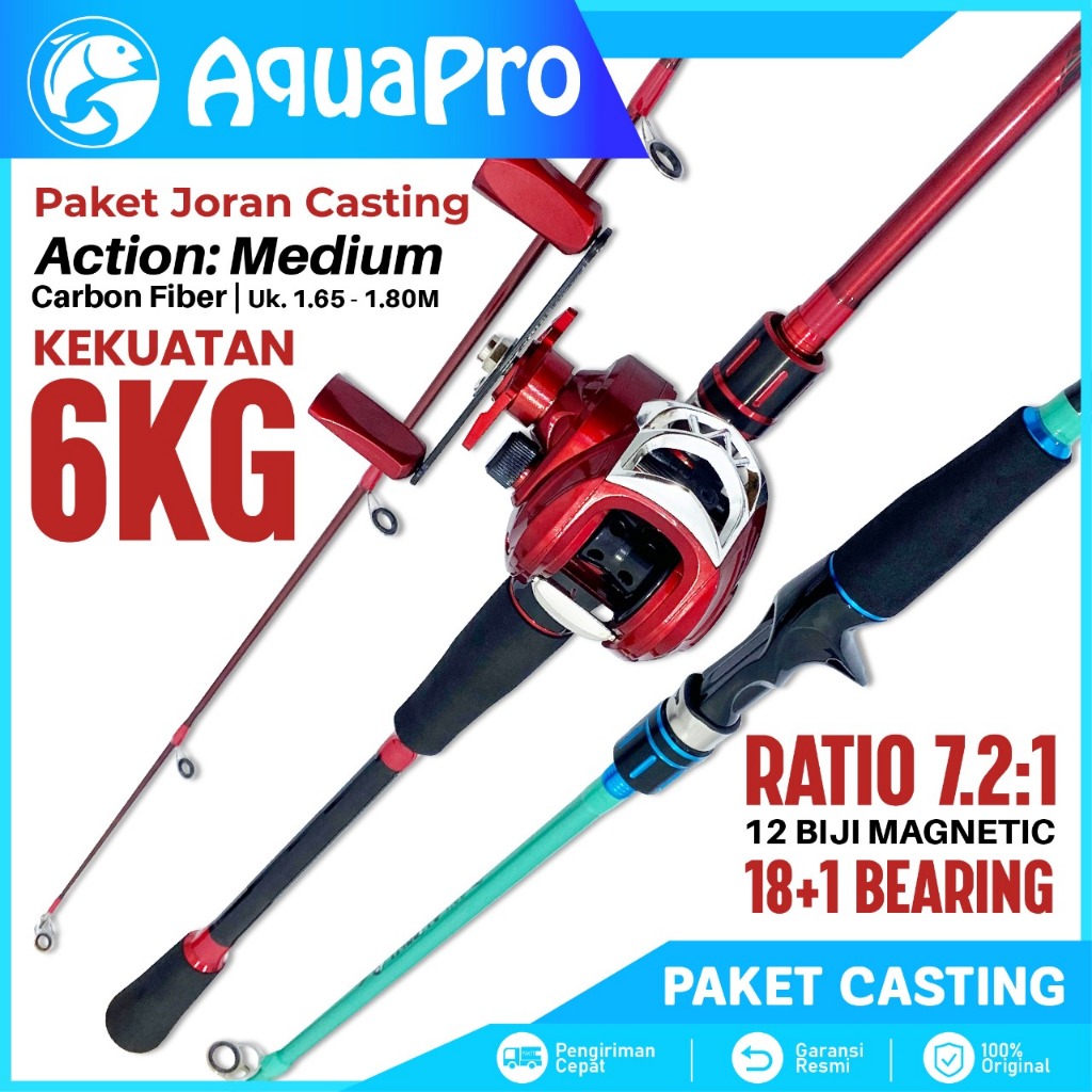 Aquapro Paket Alat Pancing Ikan Joran Pancing BaitCasting Fishing Rod Reel Pancing Bait Casting Fish