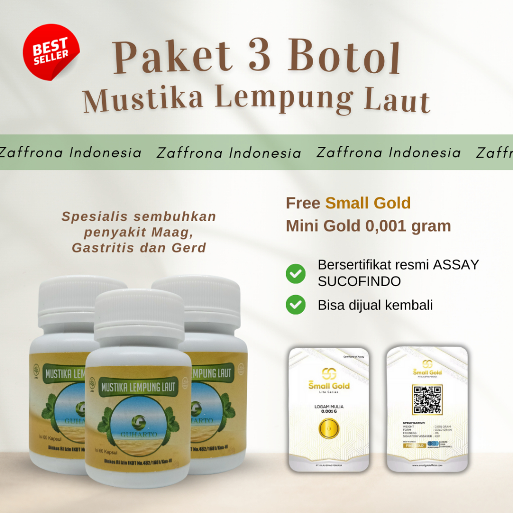 Free Mini Gold 0,001 Gram • Paket 3 Botol Mustika Lempung Laut • Solusi Atasi Maag, Gerd & Gastritis