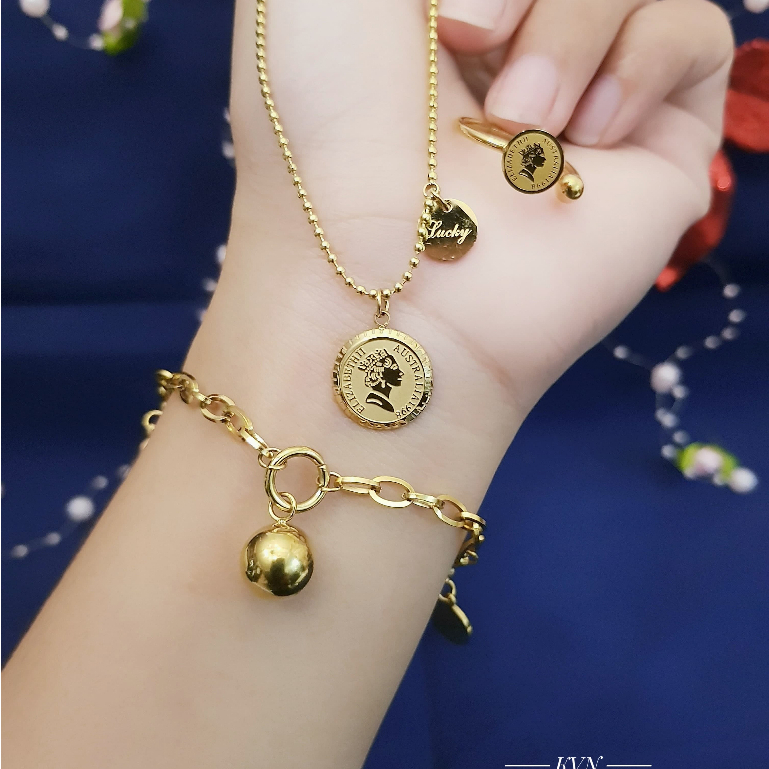 Titanium Set Perhiasan Wanita Koin Gold Li904