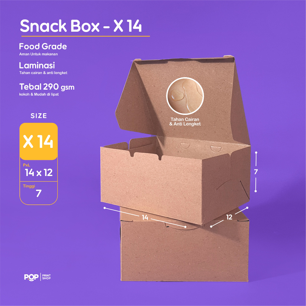 Snack Box 14x12x7 Bahan Kertas Kraft Coklat 290gsm  | Full Laminasi Tahan Air & Minyak | Kotak Kue |
