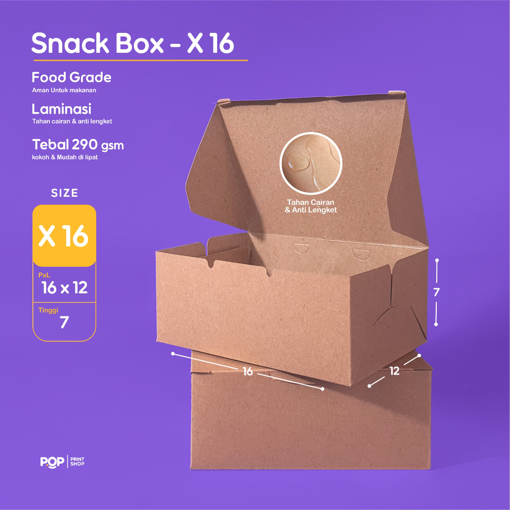 Snack Box 16x12x7 Bahan Kertas Kraft Coklat 290gsm  | Full Laminasi Tahan Air & Minyak | Kotak Kue |