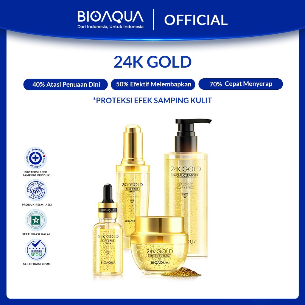 BIOAQUA 24K Gold Anti-aging Skin Care Gentle Cleanser Cuci Muka /  Essence Cream Wajah / Hydrating T