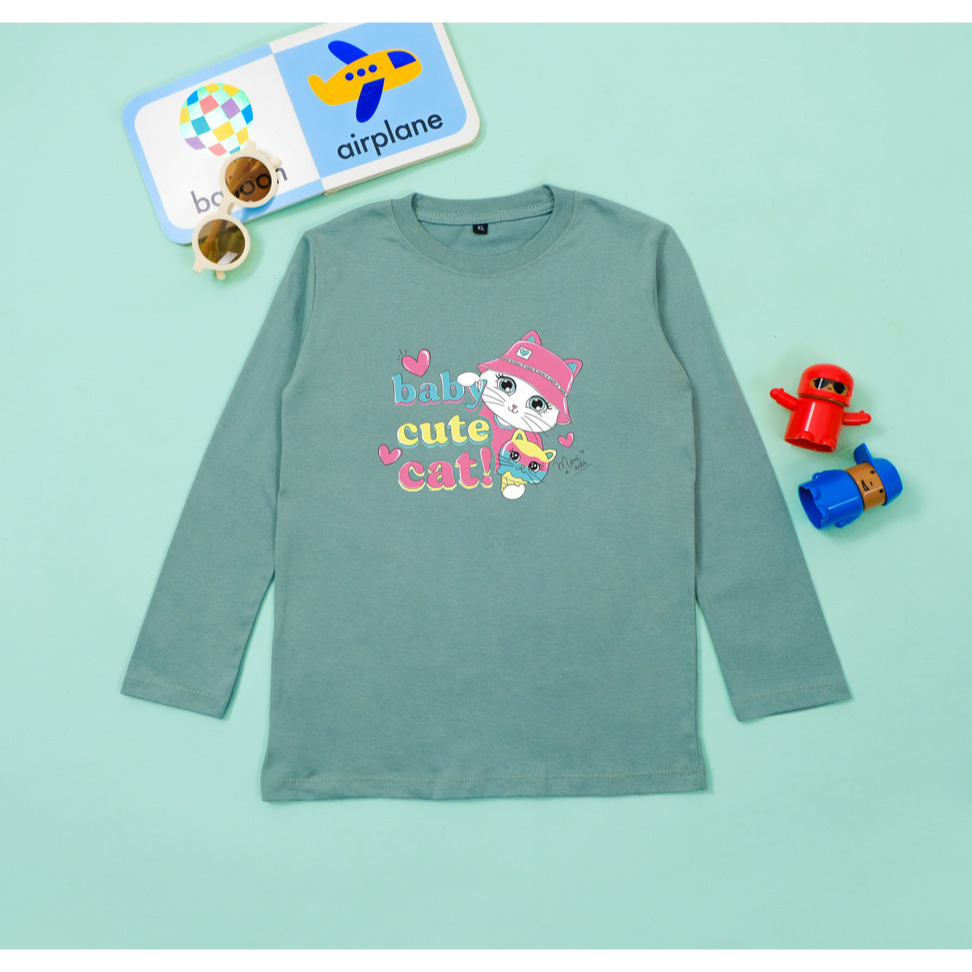 Kaos Anak Baby Cute Cat Lengan Panjang Usia 1-12 Tahun Baju Kaos Anak Perempuan Lengan Panjang kekin
