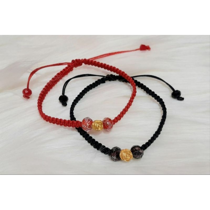 Gelang Emas Asli  Mawar 24K Hongkong 999% Tali Pelintir Merah Hitam