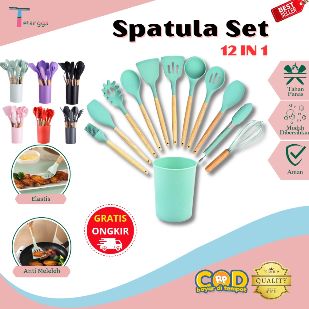 Lariza Alat Masak Sehat Tahan Panas Silicone Kitchen tools Set Spatula Silikon BPAFree 12pcs Tetangg