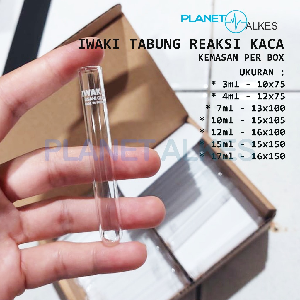 Tabung Reaksi Kaca IWAKI Test Tube 3ml, 4ml, 7ml, 10ml, 12ml, 15ml, 17ml Per Box