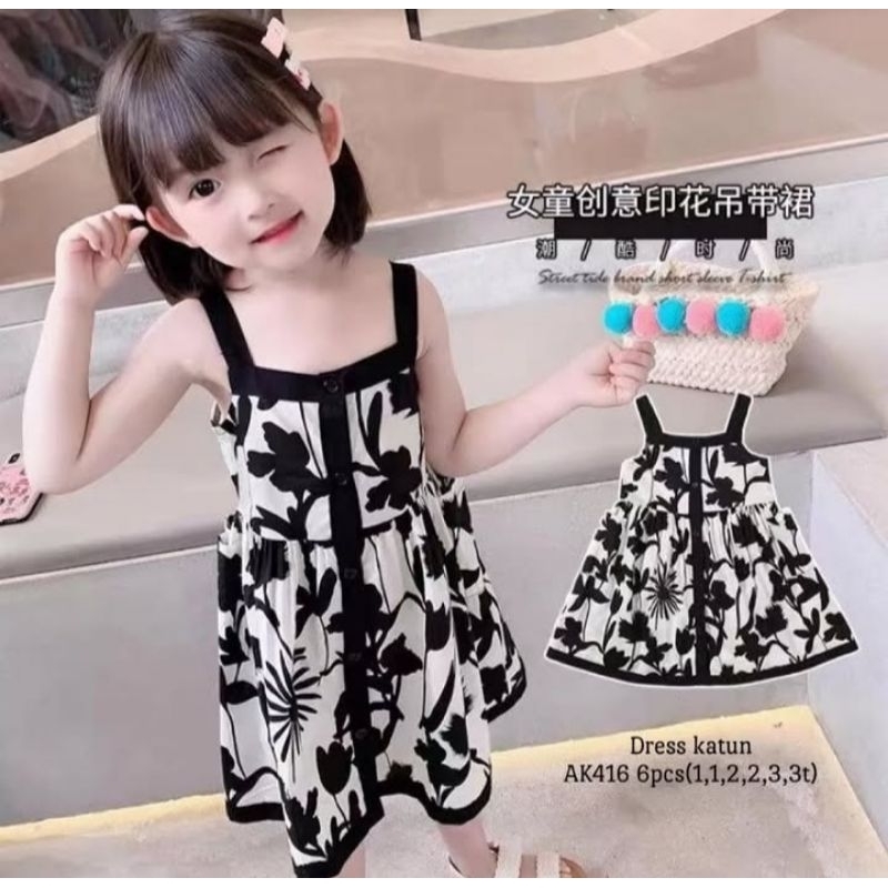 AK416 Dress Katun Anak Motif Bunga Hitam