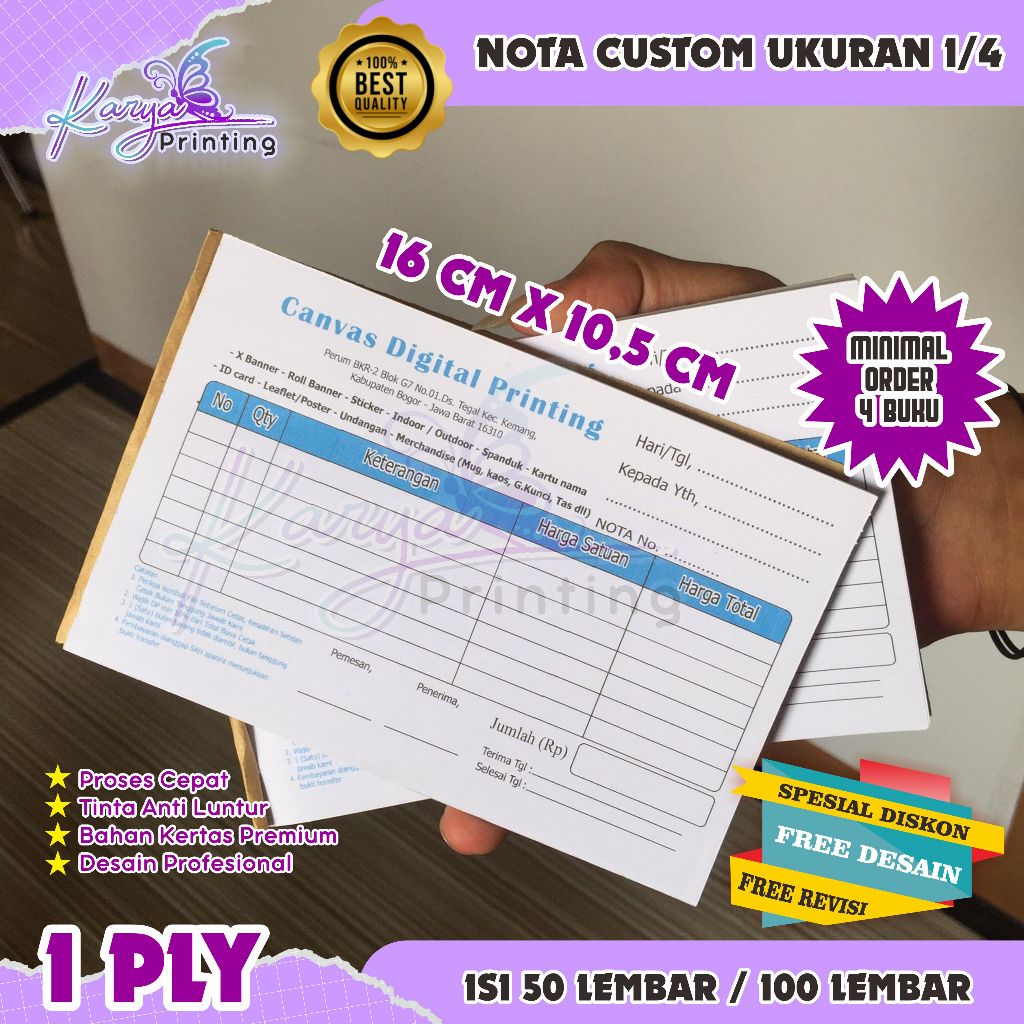 

cetak nota custom 1 ply ukuran 1/4 nota custom satuan free desain karyaprinting