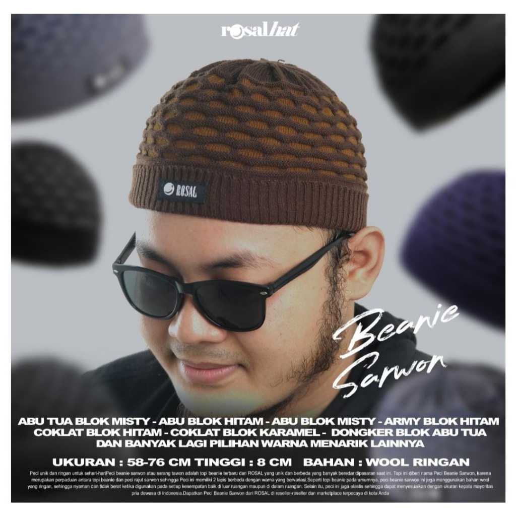 Beanie Sarwon Rosal | Topi Kupluk Bahan Wol | Peci Rajut Dewasa Untuk Sholat