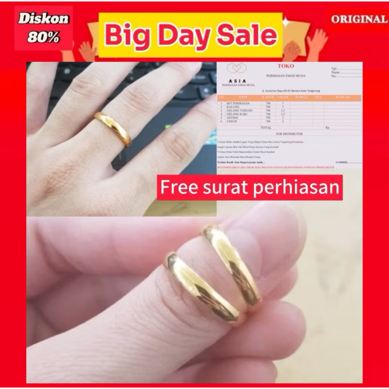 Cincin Emas Asli Satu Pasang 24karat Hailay 689 Polos -+ 1gram Ada Surat
