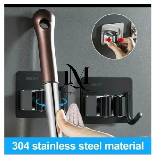 Rak Gantung Stainless Steel Tempel Dinding Anti Karat Gantungan Sapu Pel Pelan Perabotan Rumah