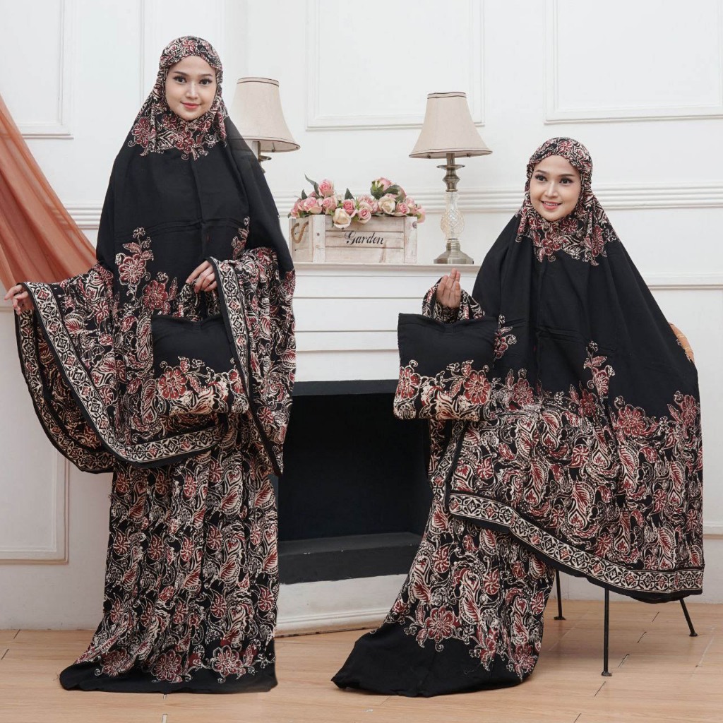 MUKENA BATIK CAP ENCIM PEKALONGAN WARNA HITAM MOTIF TERBARU