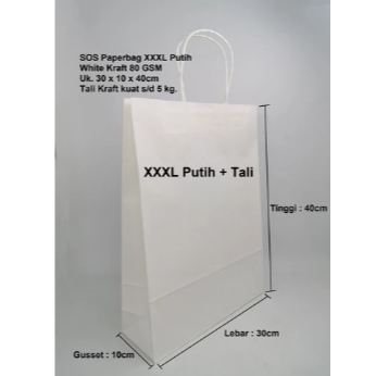 

(10pcs) Paperbag Putih Tali XXXL Ukuran 30x10x40cm, 80GSM